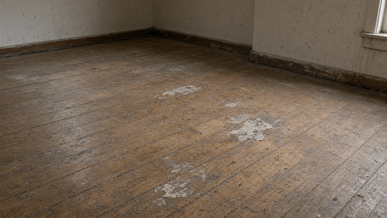 Before — worn scratched wood floor